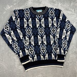 Vintage 90s Botany 500 Southwestern Knit Sweater XL Blue White Geometric Aztec